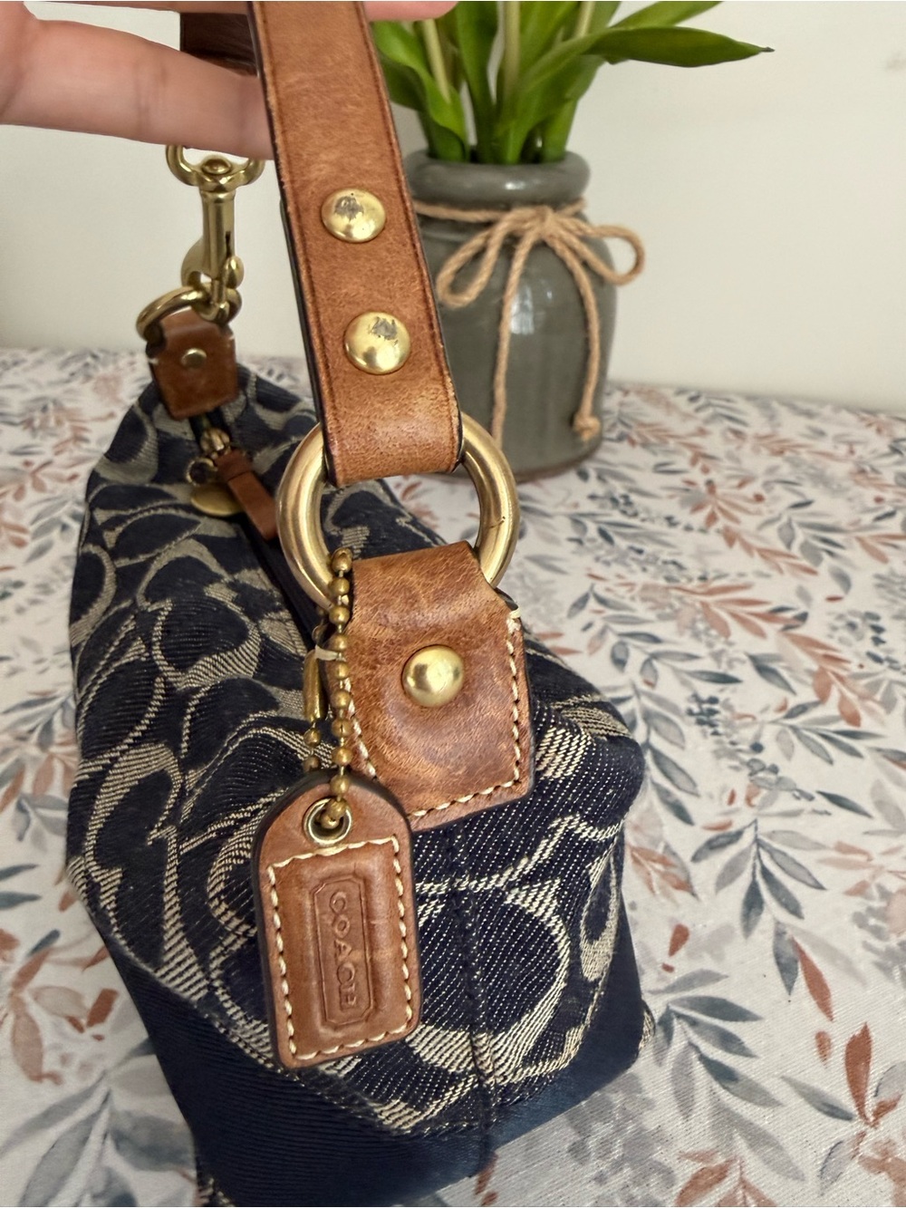 Coach Navy and Khaki Signature Canvas Shoulder Bag with Leather Trim - Picture 3 of 11